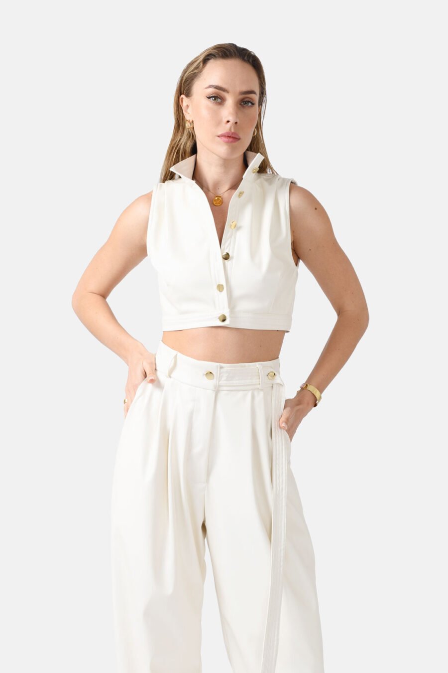 White Vegan Leather Cropped Vest Kargede Desigenr Vest Front - Whisper – White High Neck Vest Top, Vegan Leather