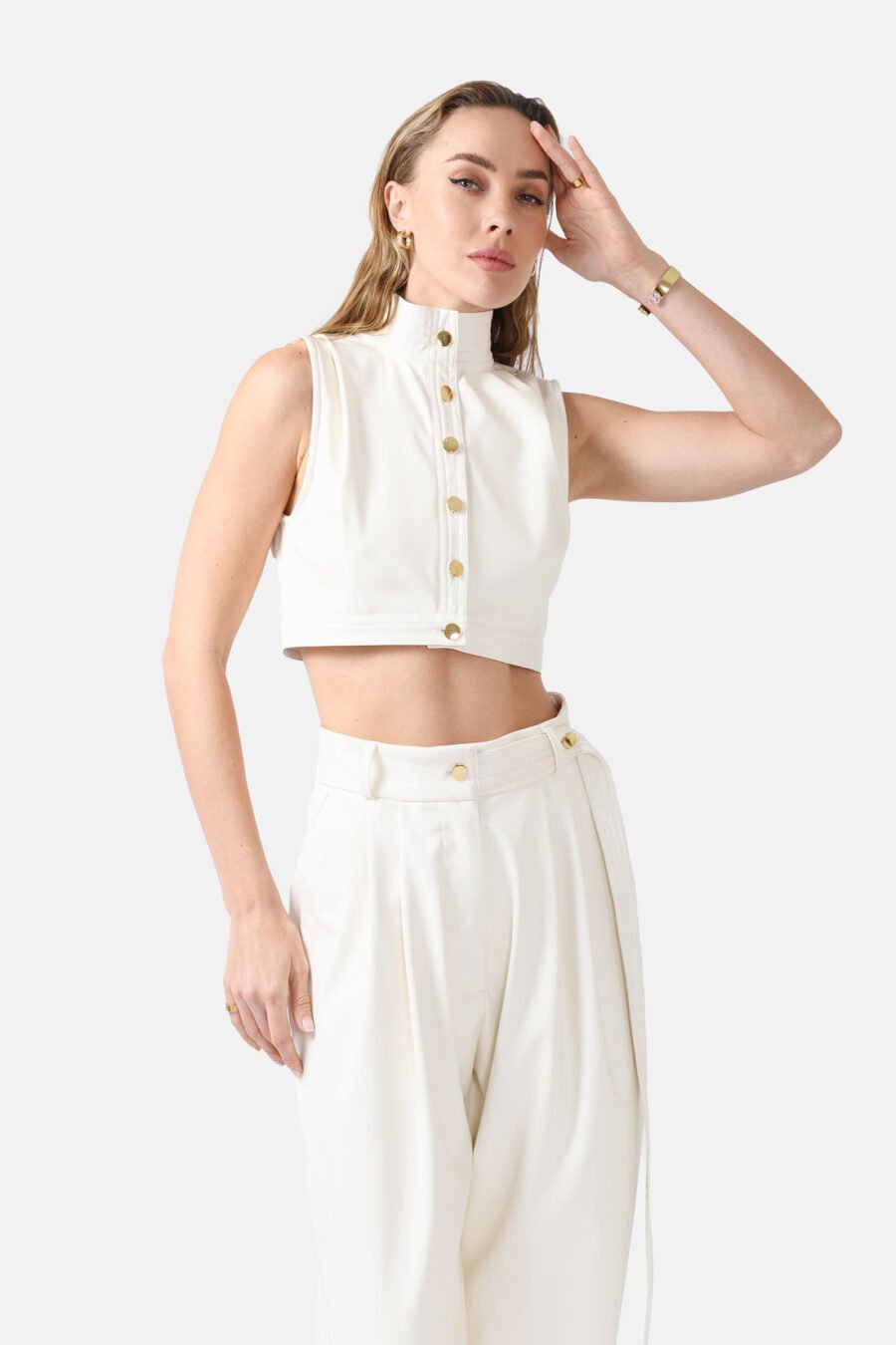 White Vegan Leather Cropped Vest Kargede Designer Vest Closed zoomed - Whisper – White High Neck Vest Top, Vegan Leather