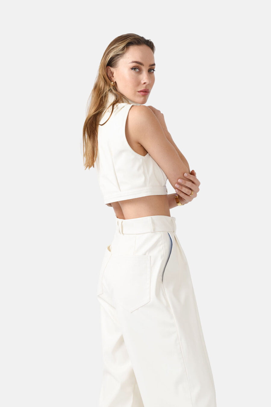 White Vegan Leather Cropped Vest Kargede Designer Vest Side - Whisper – White High Neck Vest Top, Vegan Leather