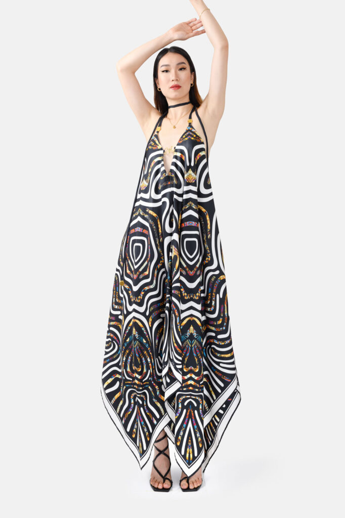 Black White Multicoloured Print Silk Maxi Dress With Straps Gold Details Kargede Designer Maxi Dress Front 2 r2 - Kargede - Women's Designer Fashion Clothing Sustainably Made - Kargede - Women's Designer Fashion Clothing Sustainably Made