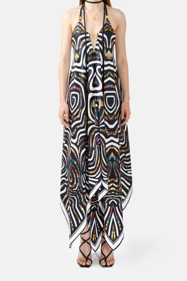 Black White Multicoloured Print Silk Maxi Dress With Straps Gold Details Kargede Designer Maxi Dress Front Zoomed - Pure Silk Slip Maxi Dress Black and White