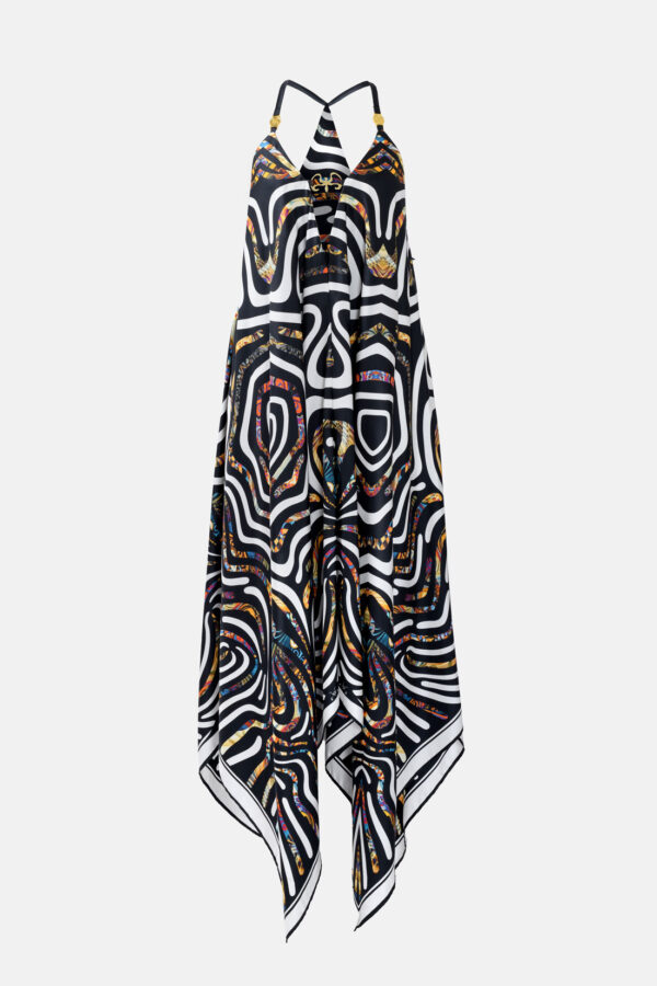 Black White Multicoloured Print Silk Maxi Dress With Straps Gold Details Kargede Designer Maxi Dress GM - Pure Silk Slip Maxi Dress Black and White