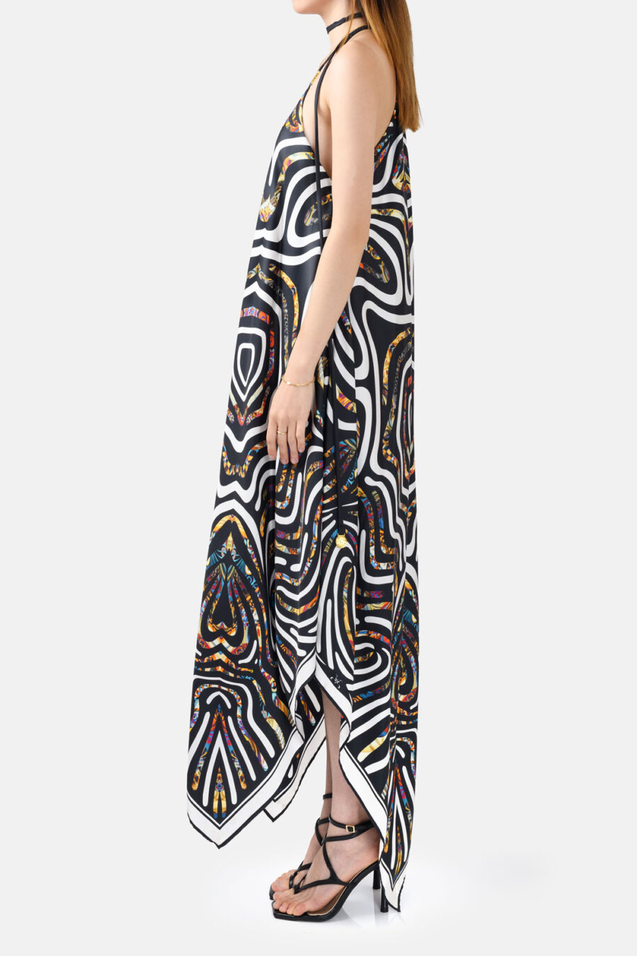 Black White Multicoloured Print Silk Maxi Dress With Straps Gold Details Kargede Designer Maxi Dress Side - Pure Silk Slip Maxi Dress Black and White