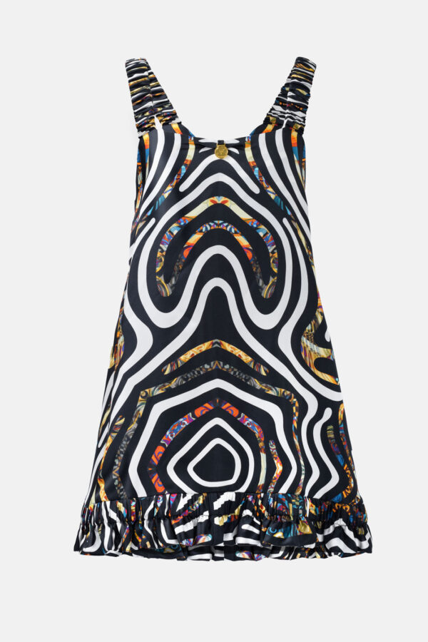 Black White Multicoloured Print Silk Slip On Mini Dress With Ruffle Straps GM - Pure Silk Slip Mini Dress Black and White