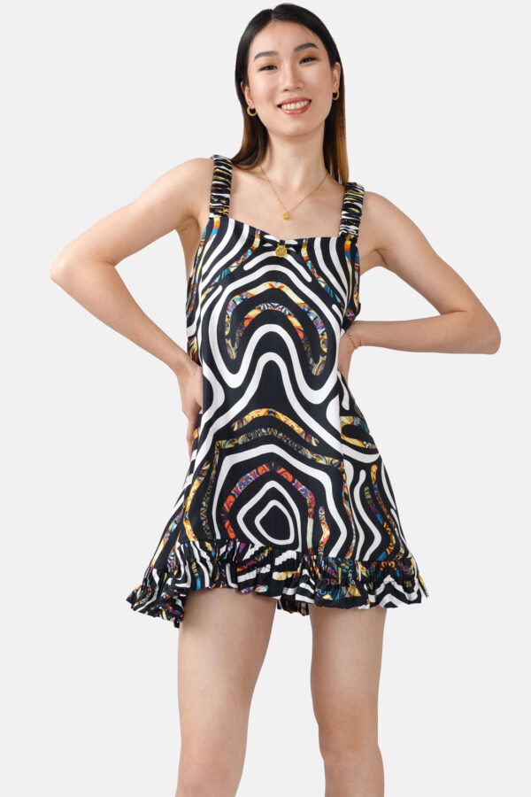 Black White Multicoloured Print Silk Slip On Mini Dress With Ruffle Straps kargede Designer Mini Dress Front 2 r - Pure Silk Slip Mini Dress Black and White