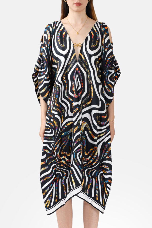 Black and White Multicoloured Print Pure Silk Kaftan Kargede Designer Kaftan Front ZOOMED - Designer Silk Kaftan Black and White Print