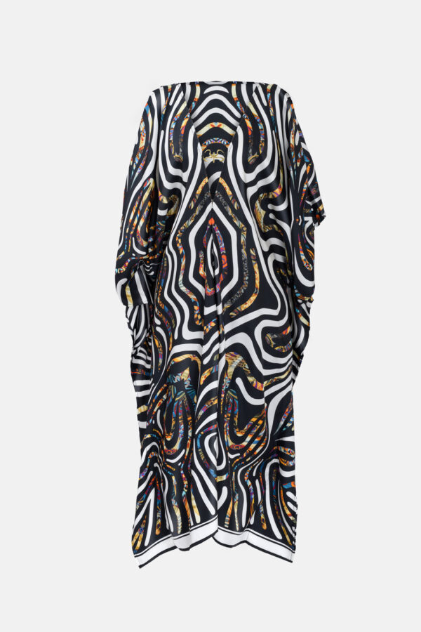 Black and White Multicoloured Print Pure Silk Kaftan Kargede Designer Kaftan GM R - Designer Silk Kaftan Black and White Print