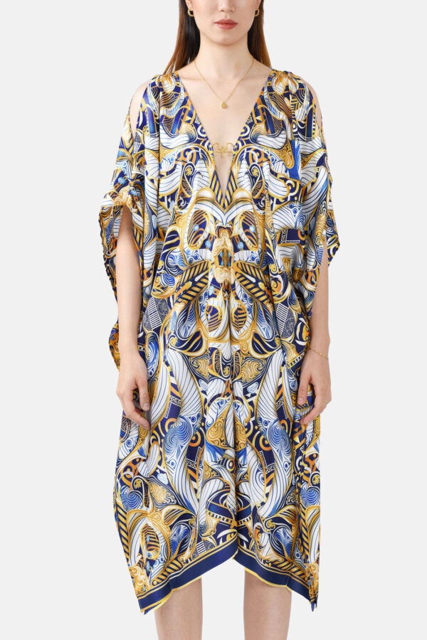 Blue Gold White Porcelain Print Pure Silk Kaftan Kargede Designer Kaftan Front zoomed r 1 - Designer Silk Kaftan in Blue, Gold and White Abstract Print