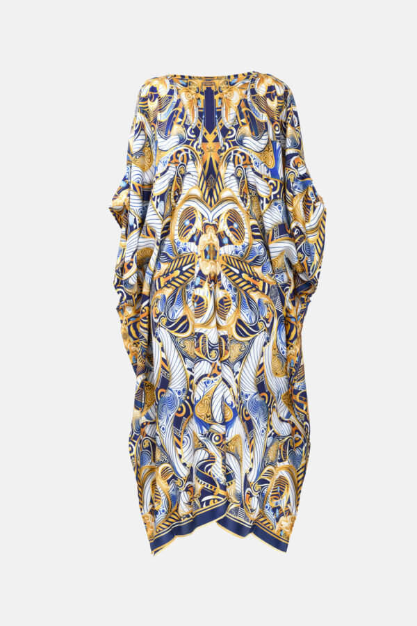 Blue Gold White Porcelain Print Pure Silk Kaftan Kargede Designer Kaftan GM r - Designer Silk Kaftan in Blue, Gold and White Abstract Print