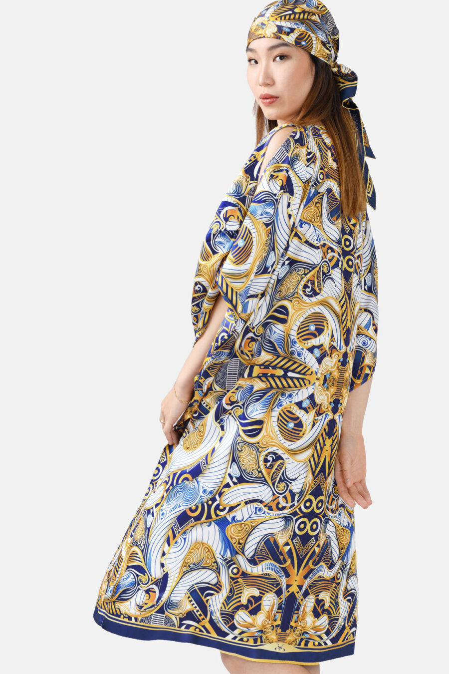 Blue Gold White Porcelain Print Pure Silk Kaftan Kargede Designer Kaftan Side Styled With Scarf r 1 - Designer Silk Kaftan in Blue, Gold and White Abstract Print