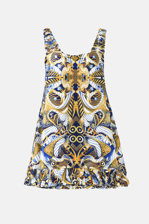 Blue Gold White Print Silk Slip On Mini Dress With Ruffle Straps GM - Pure Silk Slip Mini Dress Blue, Gold, White