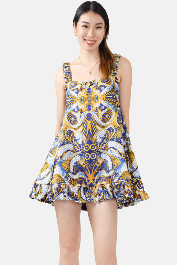 Blue Gold White Print Silk Slip On Mini Dress With Ruffle Straps Kargede Designer Mini Dress Front 2 - Pure Silk Slip Mini Dress Blue, Gold, White