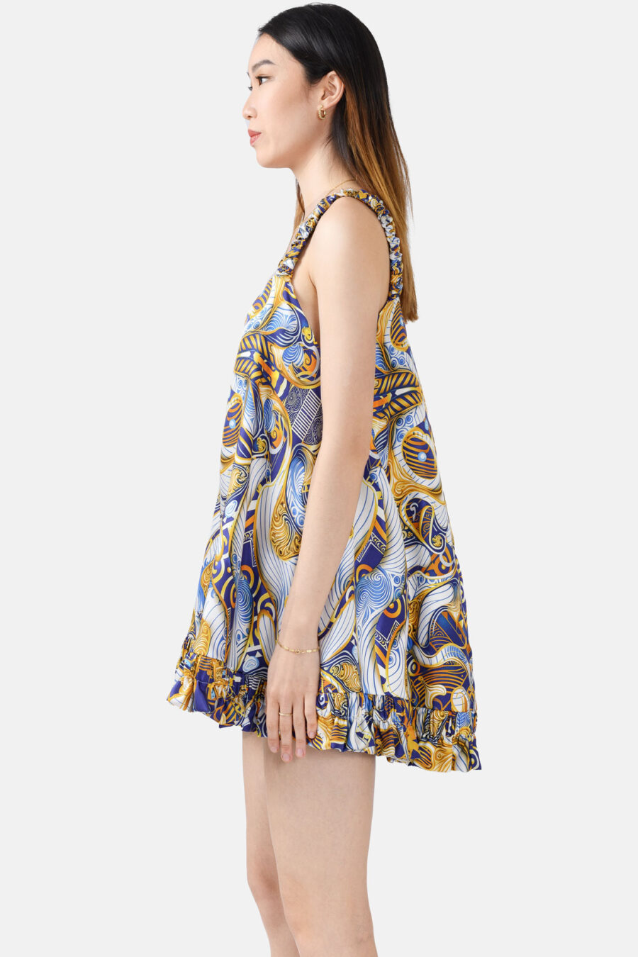 Blue Gold White Print Silk Slip On Mini Dress With Ruffle Straps Kargede Designer Mini Dress Side - Pure Silk Slip Mini Dress Blue, Gold, White