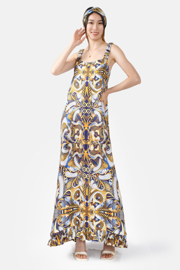 Blue White Gold Porcelain Print Silk Maxi Dress With Ruffled Straps and Ruffled Hem Gold Detail Kargede Designer Maxi Dress Front - Pure Silk Slip Maxi Dress Blue, Gold, White