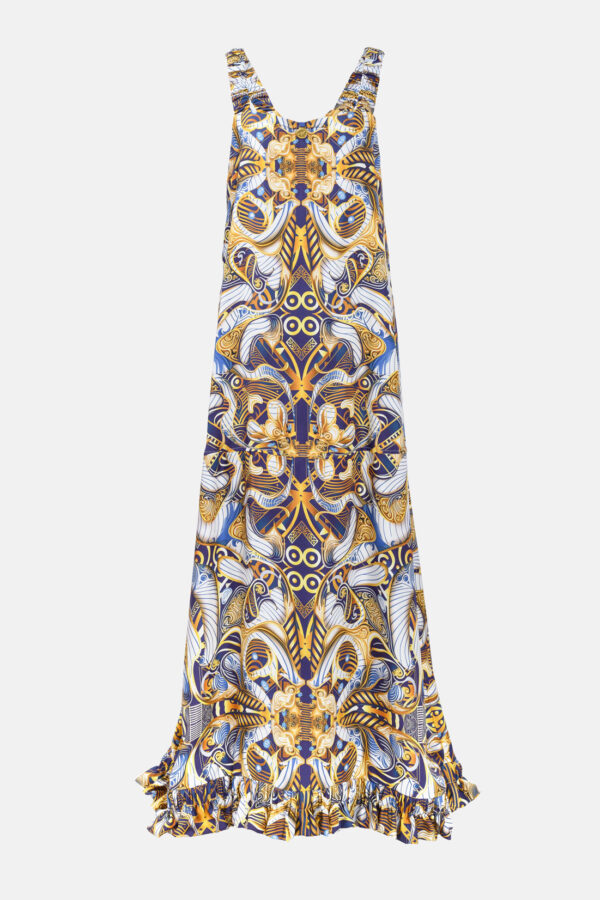 Blue White Gold Porcelain Print Silk Maxi Dress With Ruffled Straps and Ruffled Hem Gold Detail Kargede Designer Maxi Dress GM - Pure Silk Slip Maxi Dress Blue, Gold, White