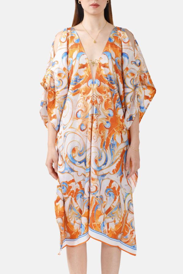 White Blue Orange Sunset Cloud Print Pure Silk Kaftan Kargede Designer Kaftan Front zoomed - Designer Silk Kaftan in White, Blue, Orange Sunset Print