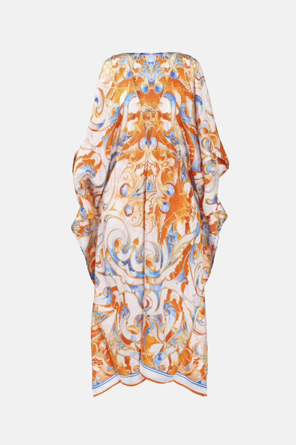 White Blue Orange Sunset Cloud Print Pure Silk Kaftan Kargede Designer Kaftan GM R - Designer Silk Kaftan in White, Blue, Orange Sunset Print