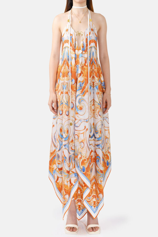 White Blue Orange Sunset Cloud Print Silk Maxi Dress With Straps Gold Details Kargede Designer Maxi Dress Front Zoomed - Pure Silk Slip Maxi Dress White, Orange & Blue Sunset Print