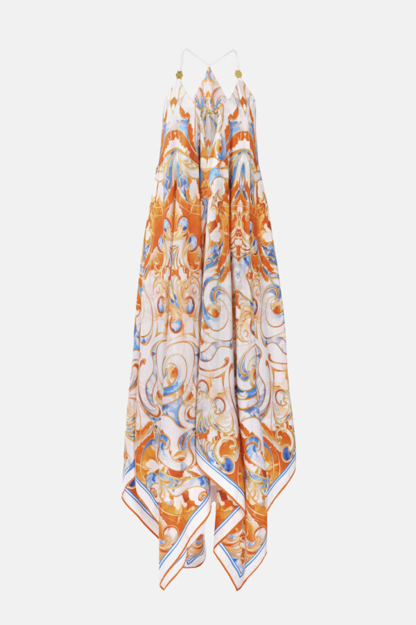 White Blue Orange Sunset Cloud Print Silk Maxi Dress With Straps Gold Details Kargede Designer Maxi Dress GM - Pure Silk Slip Maxi Dress White, Orange & Blue Sunset Print