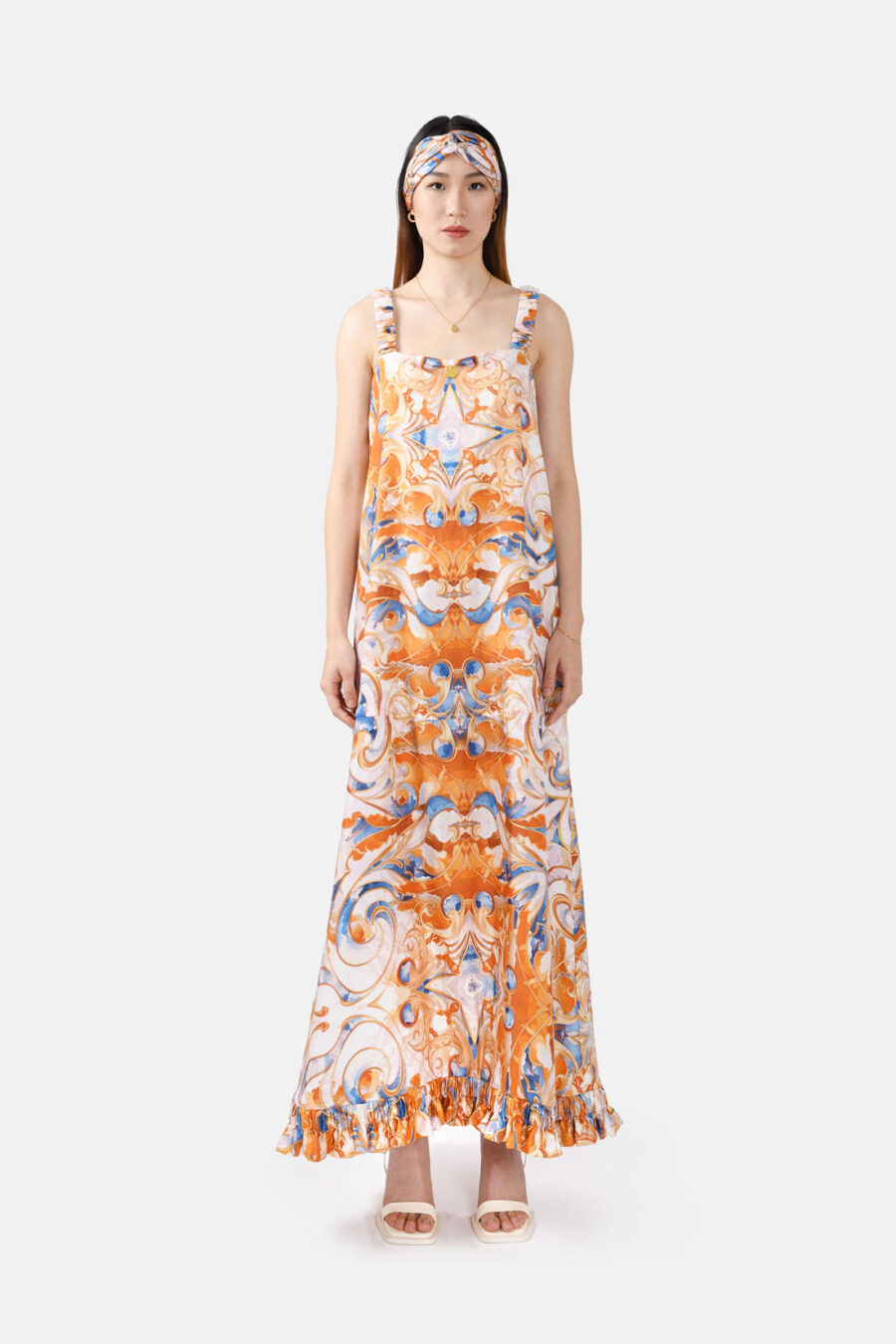 White Orange Blue Sunset Cloud Print Silk Maxi Dress With Ruffled Straps and Ruffled Hem Gold Detail Kargede Designer Maxi Dress Front - Sun Seeker – Pure Silk Slip Maxi Dress White, Blue, Orange