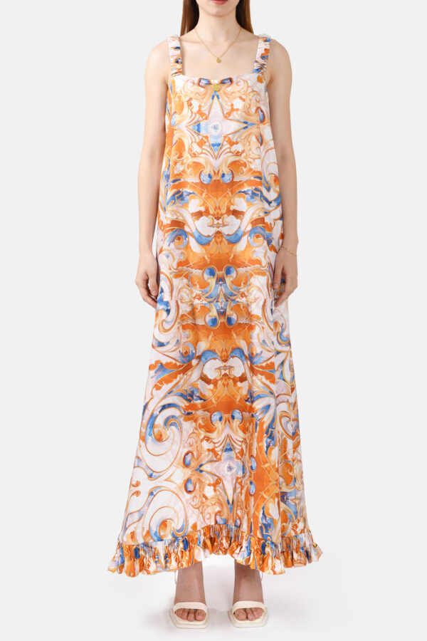 White Orange Blue Sunset Cloud Print Silk Maxi Dress With Ruffled Straps and Ruffled Hem Gold Detail Kargede Designer Maxi Dress Front zoomed - Sun Seeker – Pure Silk Slip Maxi Dress White, Blue, Orange