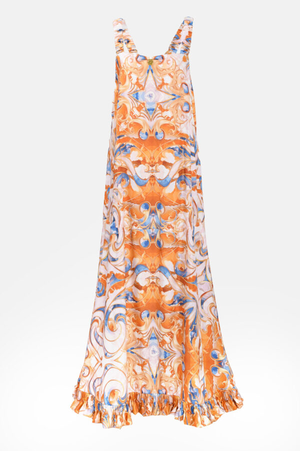 White Orange Blue Sunset Cloud Print Silk Maxi Dress With Ruffled Straps and Ruffled Hem Gold Detail Kargede Designer Maxi Dress GM - Sun Seeker – Pure Silk Slip Maxi Dress White, Blue, Orange