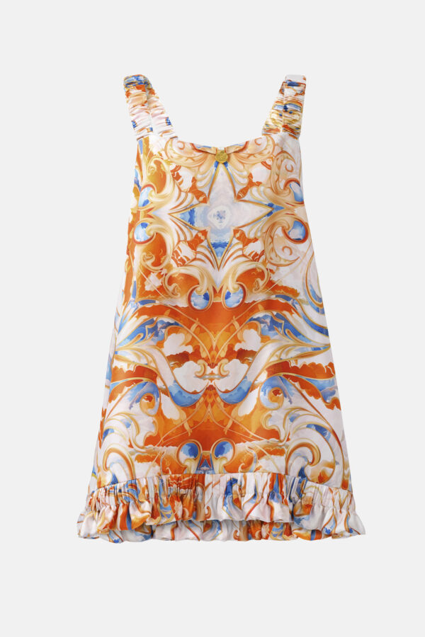 White Orange Blue Sunset Clouds Print Silk Slip On Mini Dress With Ruffle Straps GM - Sun Seeker – Pure Silk Slip Mini Dress White, Blue, Orange