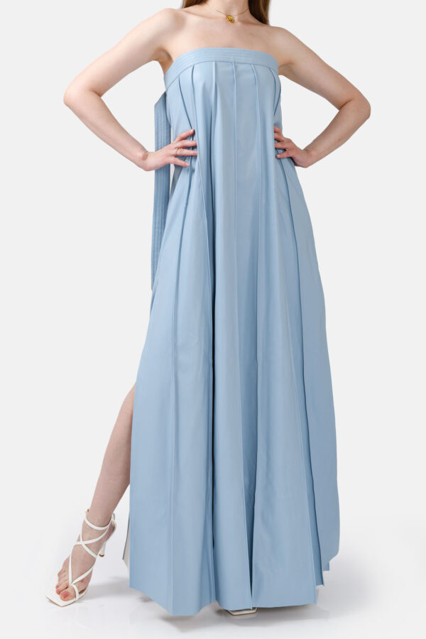 Blue Vegan Leather Pleated Maxi Dress Kargede Designer Dress Front 1 - Desire – Blue Strapless Pleated Maxi Dress, Vegan Leather