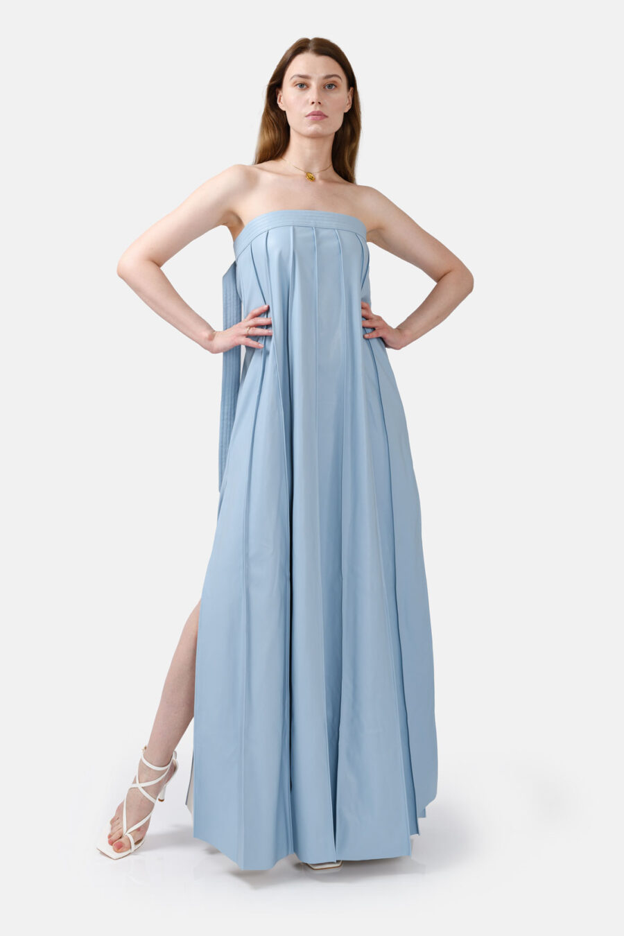 Blue Vegan Leather Pleated Maxi Dress Kargede Designer Dress Front Out - Desire – Blue Strapless Pleated Maxi Dress, Vegan Leather