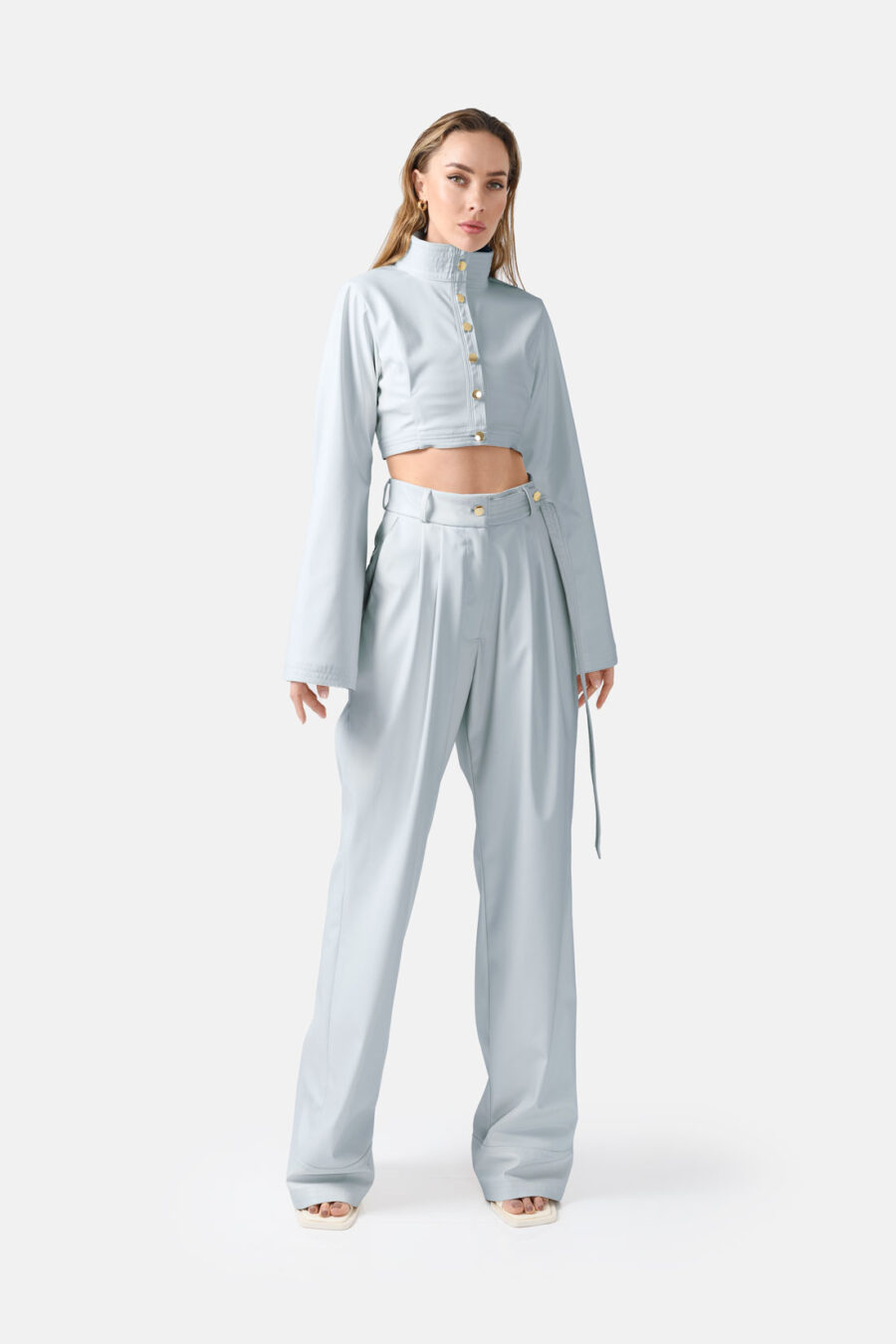 Blue Vegan Leather Straight Leg Pants Kargede Designer Pants Front Out - Bassline – Vegan Leather Straight-leg Pants Blue