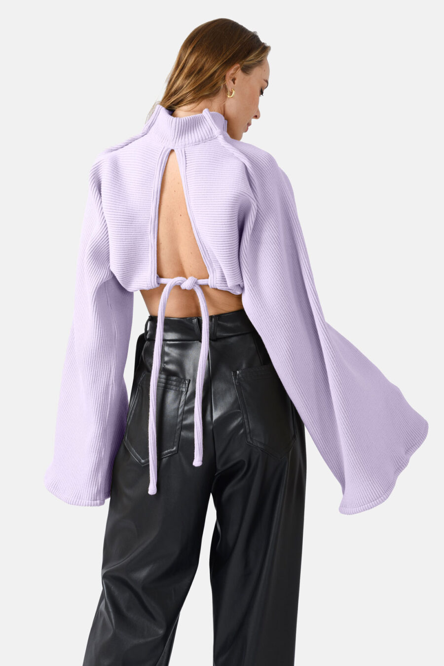 Lilac Ribbed Knit Sweater Flared Sleeves Oversized Kargede Designer Sweater Knitwear Back - Amanita – Lilac Oversized Cropped Jumper, Rib Knit