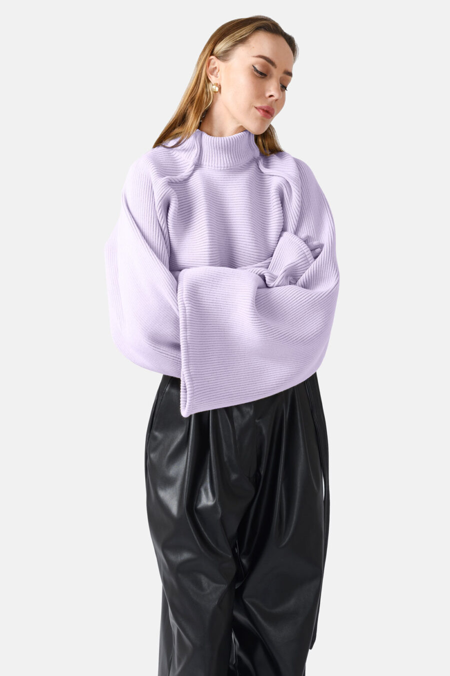 Lilac Ribbed Knit Sweater Flared Sleeves Oversized Kargede Designer Sweater Knitwear Front 2 - Amanita – Lilac Oversized Cropped Jumper, Rib Knit