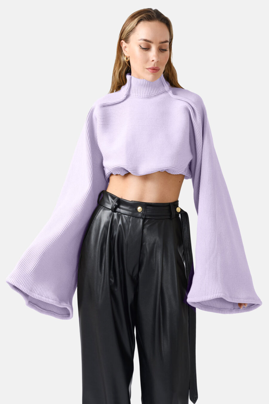 Lilac Ribbed Knit Sweater Flared Sleeves Oversized Kargede Designer Sweater Knitwear Front Zoom - Amanita – Lilac Oversized Cropped Jumper, Rib Knit