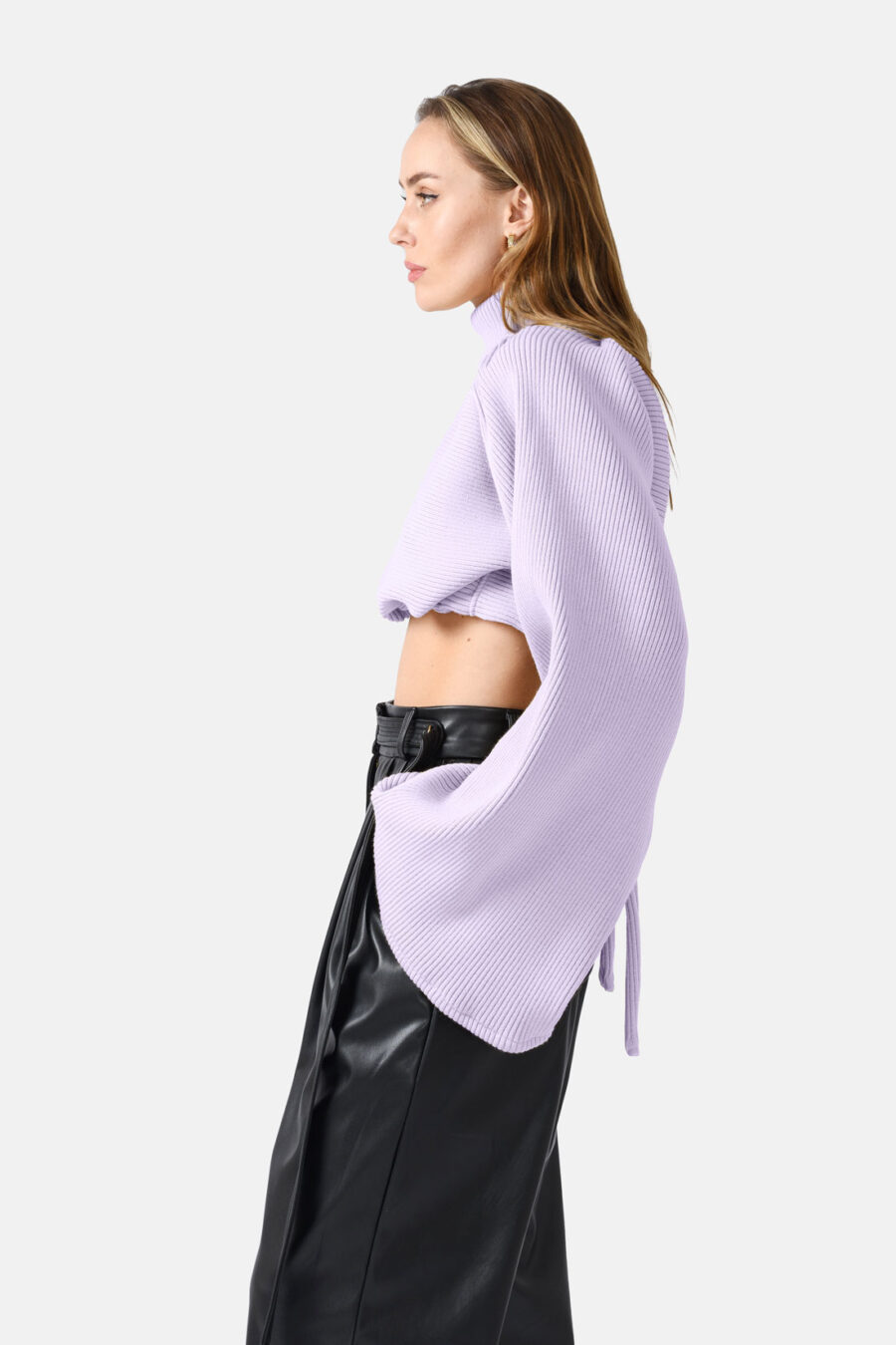 Lilac Ribbed Knit Sweater Flared Sleeves Oversized Kargede Designer Sweater Knitwear Side - Amanita – Lilac Oversized Cropped Jumper, Rib Knit