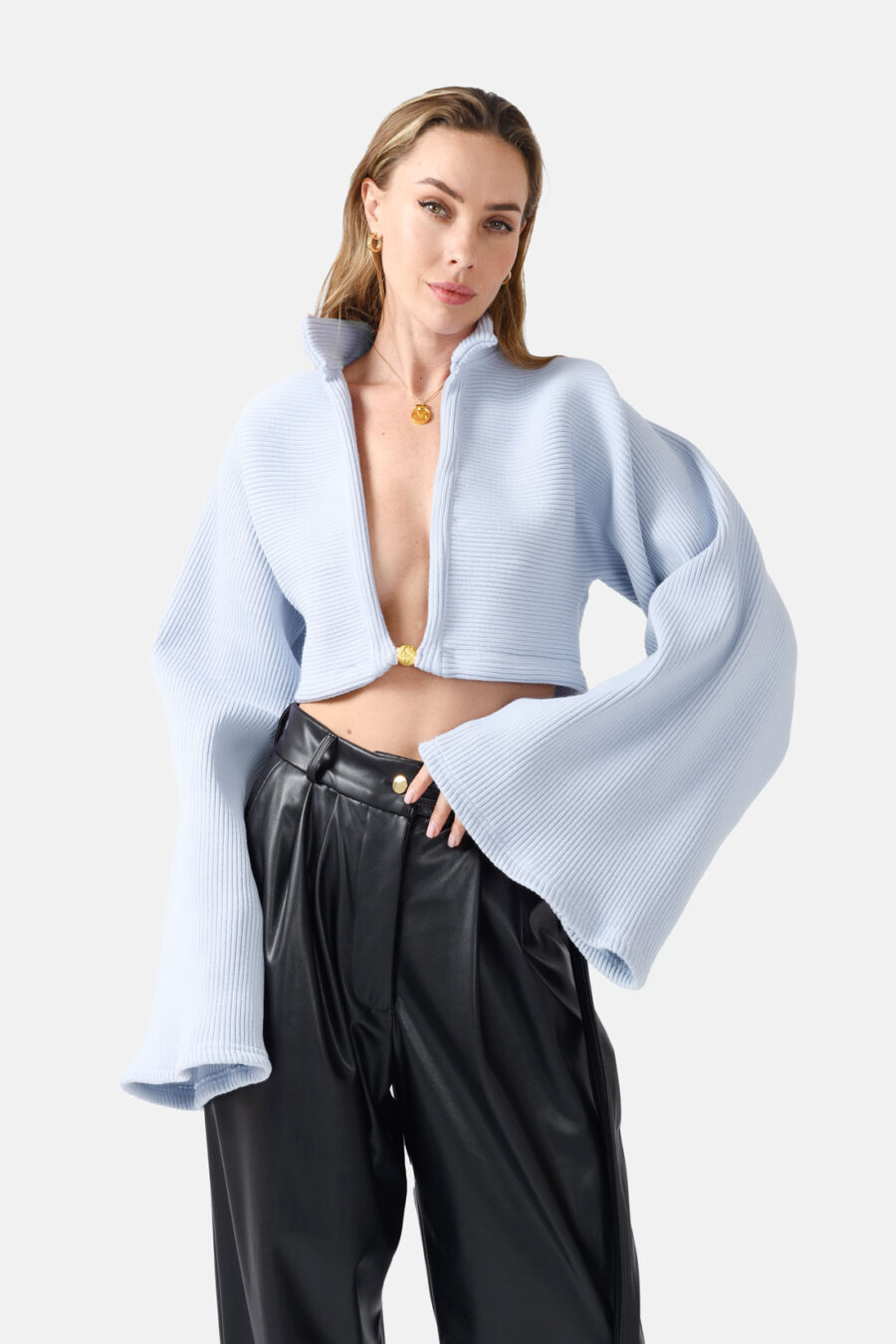 Blue Ribbed Knit Jumper Flared Sleeves Oversized Kargede Designer Jumper Front zoom - Mellea – Oversized Sky Blue Jumper, Rib Knit