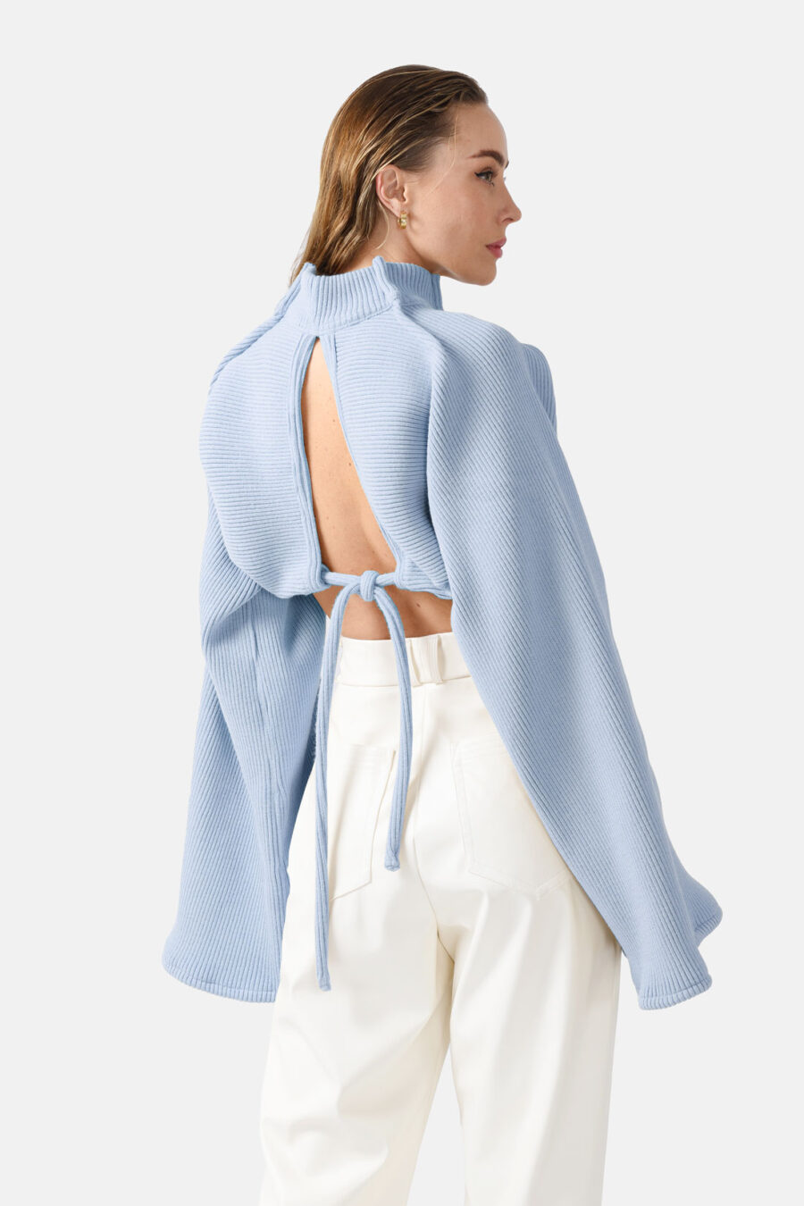 Blue Ribbed Knit Sweater Flared Sleeves Oversized Kargede Designer Jumper Back - Amanita – Sky Blue Oversized Cropped Jumper, Rib Knit