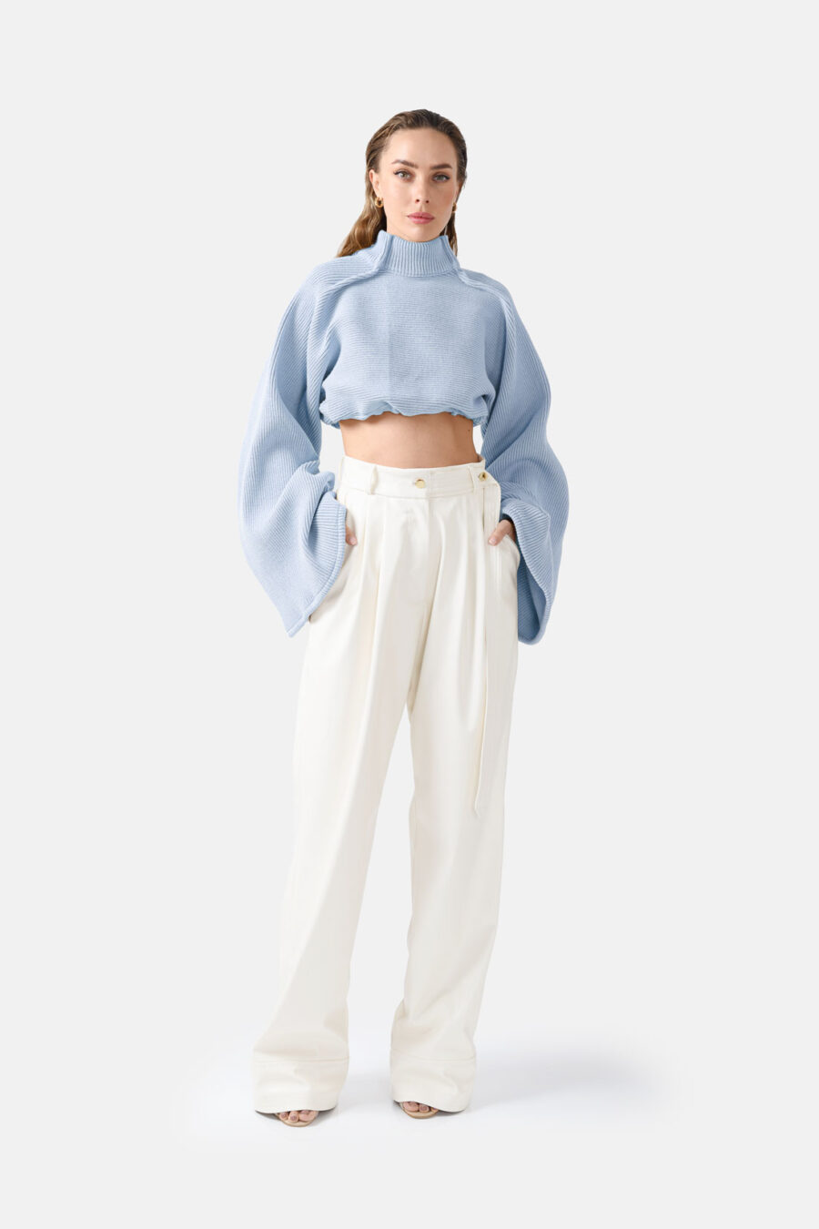 Blue Ribbed Knit Sweater Flared Sleeves Oversized Kargede Designer Jumper Front - Amanita – Sky Blue Oversized Cropped Jumper, Rib Knit