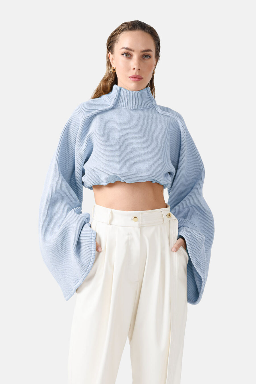 Blue Ribbed Knit Sweater Flared Sleeves Oversized Kargede Designer Jumper Front zoomed - Amanita – Sky Blue Oversized Cropped Jumper, Rib Knit