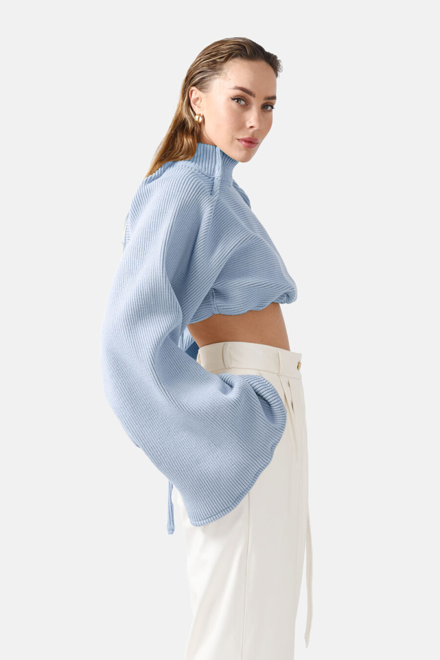 Blue Ribbed Knit Sweater Flared Sleeves Oversized Kargede Designer Jumper Side - Amanita – Sky Blue Oversized Cropped Jumper, Rib Knit