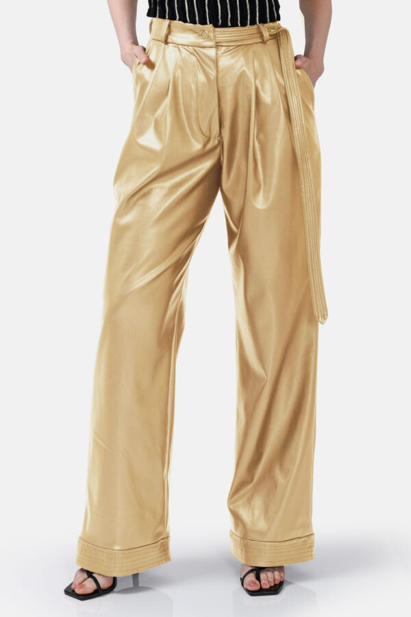 Gold Straight Leg Vegan Leather Pants Kargede Designer Pants Front - Bassline – Gold Vegan Leather Straight-leg Pants