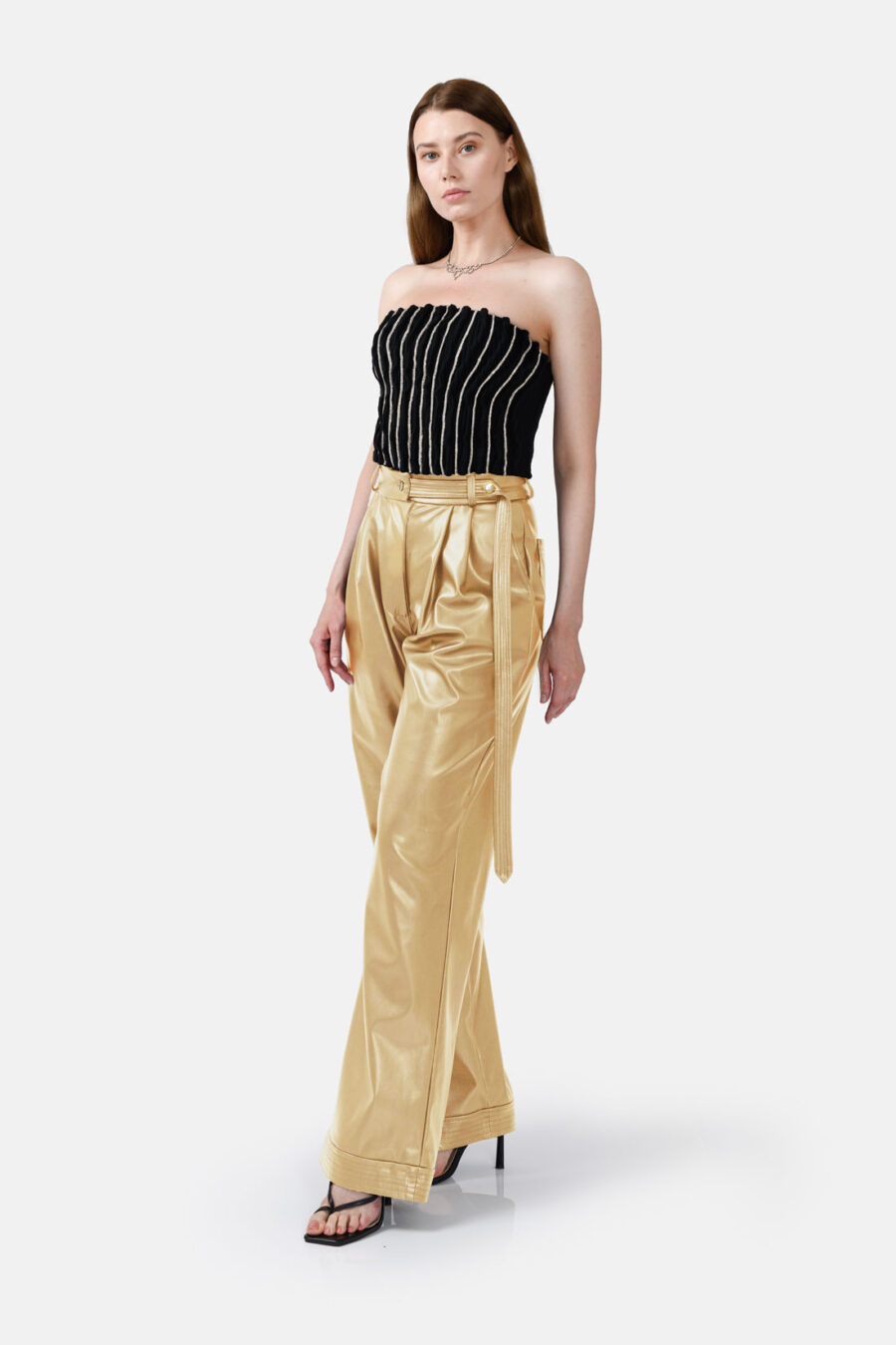 Gold Straight Leg Vegan Leather Pants Kargede Designer Pants Front2 - Bassline – Gold Vegan Leather Straight-leg Pants