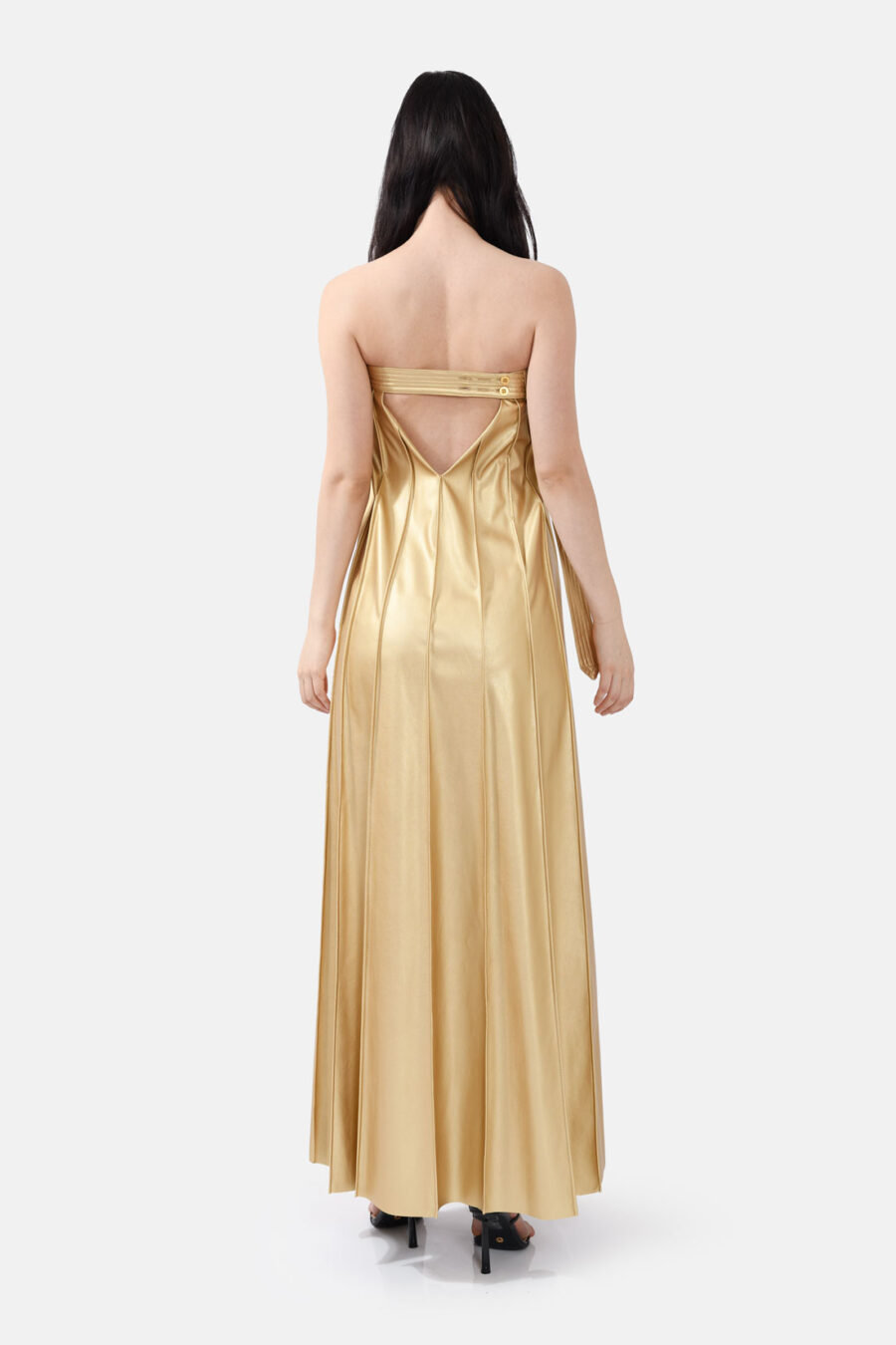 Gold Vegan Leather Pleated Maxi Dress Kargede Designer Dress Back Avila - Desire – Gold Strapless Pleated Maxi Dress, Vegan Leather