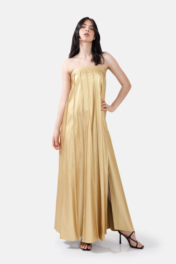 Gold Vegan Leather Pleated Maxi Dress Kargede Designer Dress Front Avila - Kargede - Women's Designer Fashion Clothing Sustainably Made