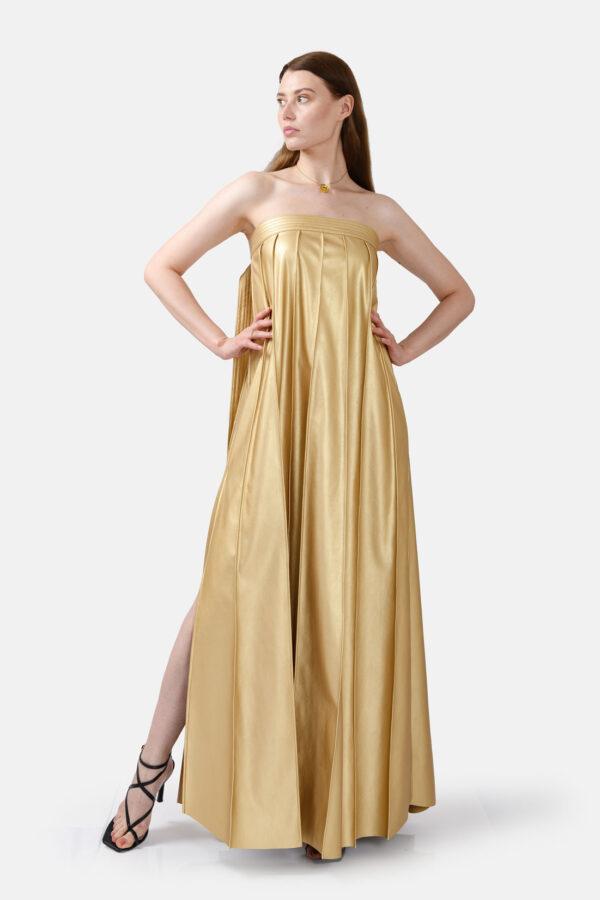 Gold Vegan Leather Pleated Maxi Dress Kargede Designer Dress Front Out - Desire – Gold Strapless Pleated Maxi Dress, Vegan Leather