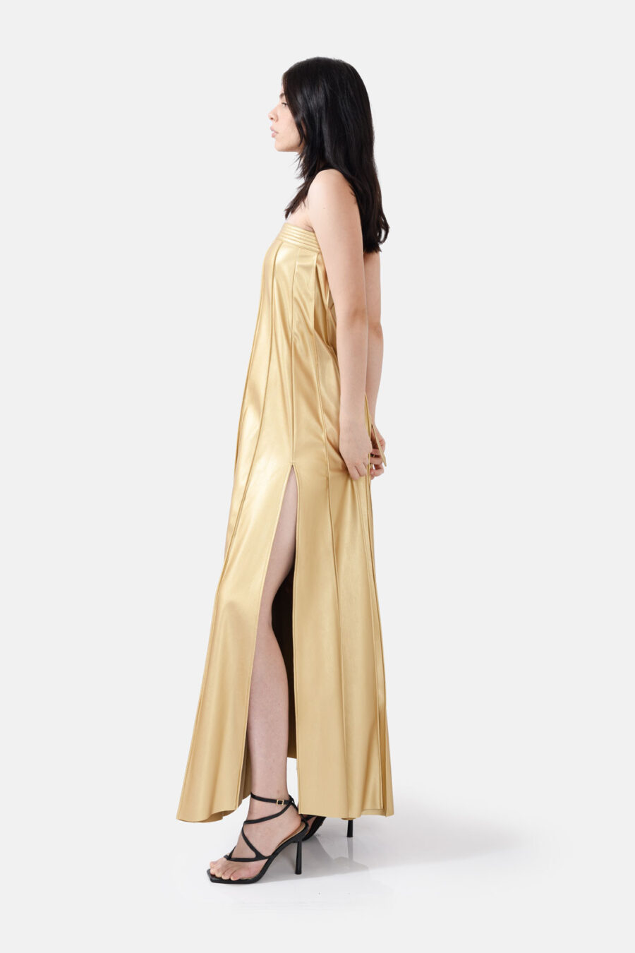 Gold Vegan Leather Pleated Maxi Dress Kargede Designer Dress Side Avila - Desire – Gold Strapless Pleated Maxi Dress, Vegan Leather