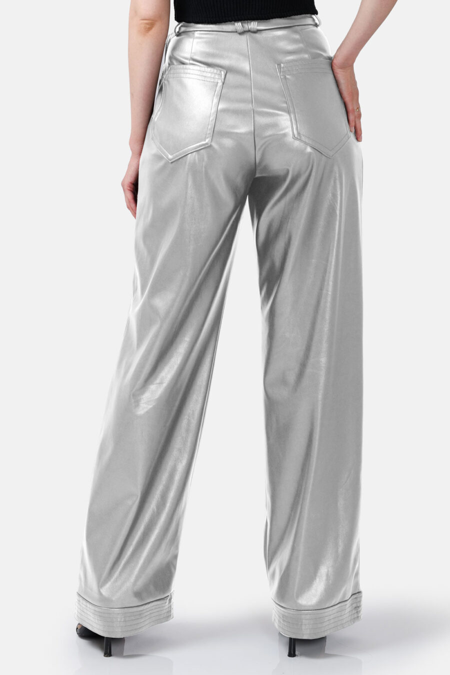 Silver Straight Leg Vegan Leather Pants Kargede Designer Pants Back - Bassline – Silver Vegan Leather Straight-leg Pants