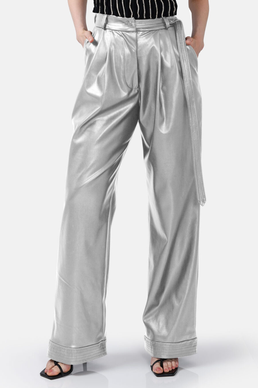 Silver Straight Leg Vegan Leather Pants Kargede Designer Pants Front - Bassline – Silver Vegan Leather Straight-leg Pants