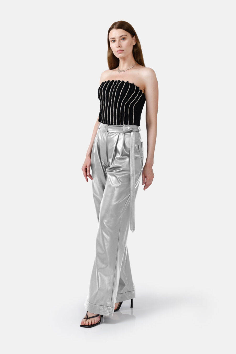 Silver Straight Leg Vegan Leather Pants Kargede Designer Pants Front2 - Bassline – Silver Vegan Leather Straight-leg Pants