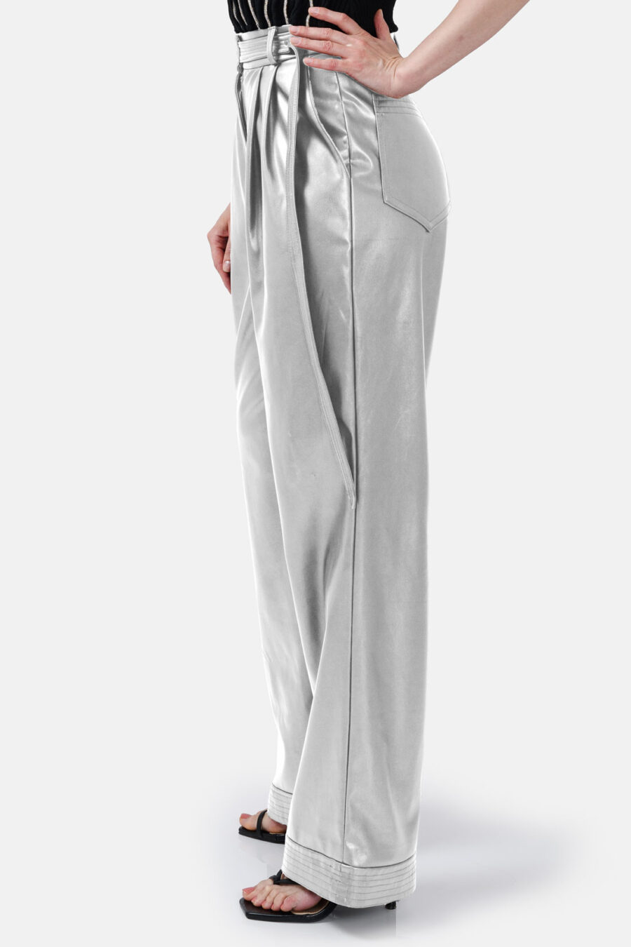 Silver Straight Leg Vegan Leather Pants Kargede Designer Pants Side - Bassline – Silver Vegan Leather Straight-leg Pants