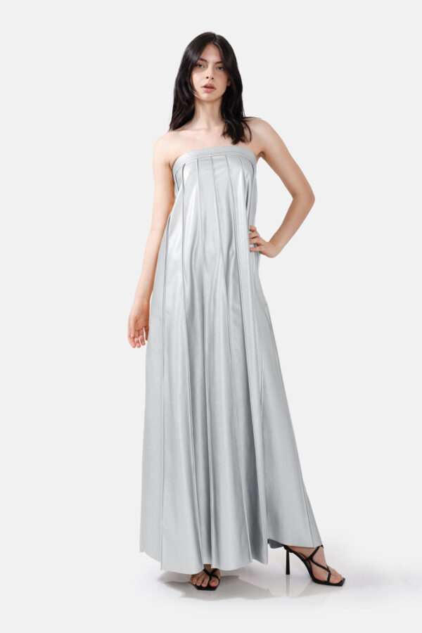 Silver Vegan Leather Pleated Maxi Dress Kargede Designer Dress Front Avila - Desire – Silver Strapless Pleated Maxi Dress, Vegan Leather